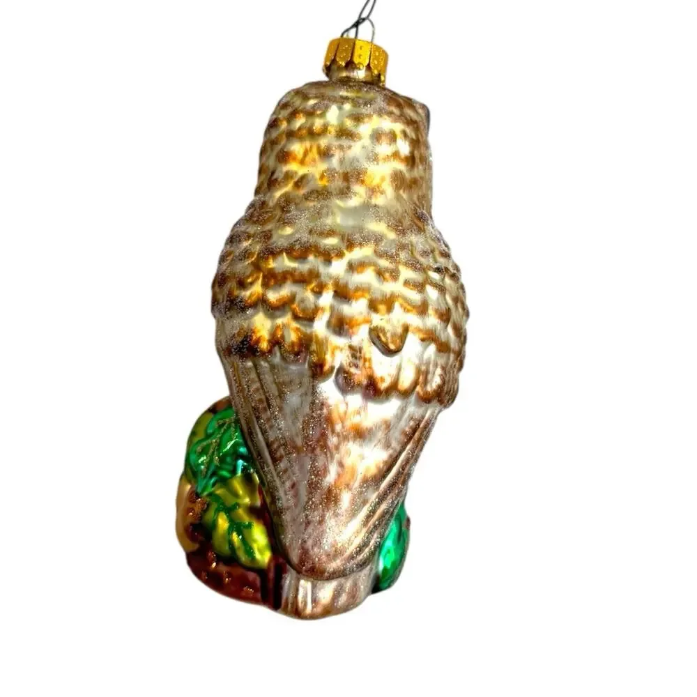 Hand‎ Blown Rustic Owl On Stump Glass Ornament Brown Gold Light Shimmer EUC